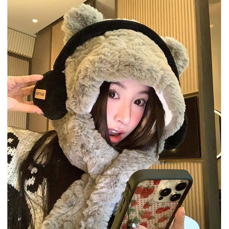 2025新款耳机小狗帽子围巾一体防寒保暖连帽围脖加厚护耳毛绒帽暖