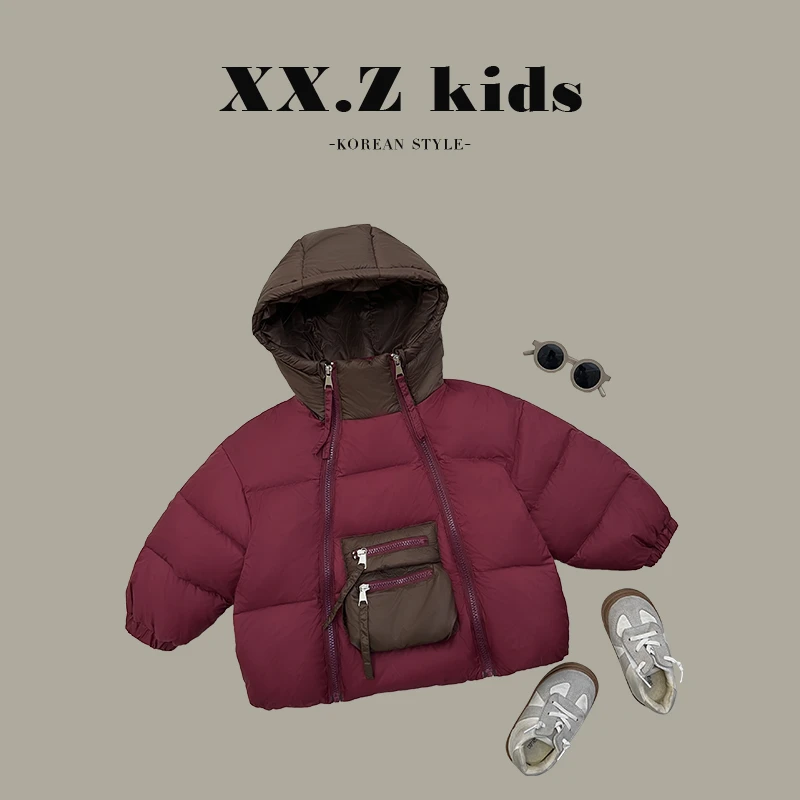 【派町现货】冬装儿童撞色拉链设计保暖连帽羽绒服HXCZ3251