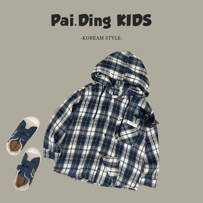 【派町现货】秋装儿童韩版潮流格子设计休闲宽松衬衫连帽外套SJ4055