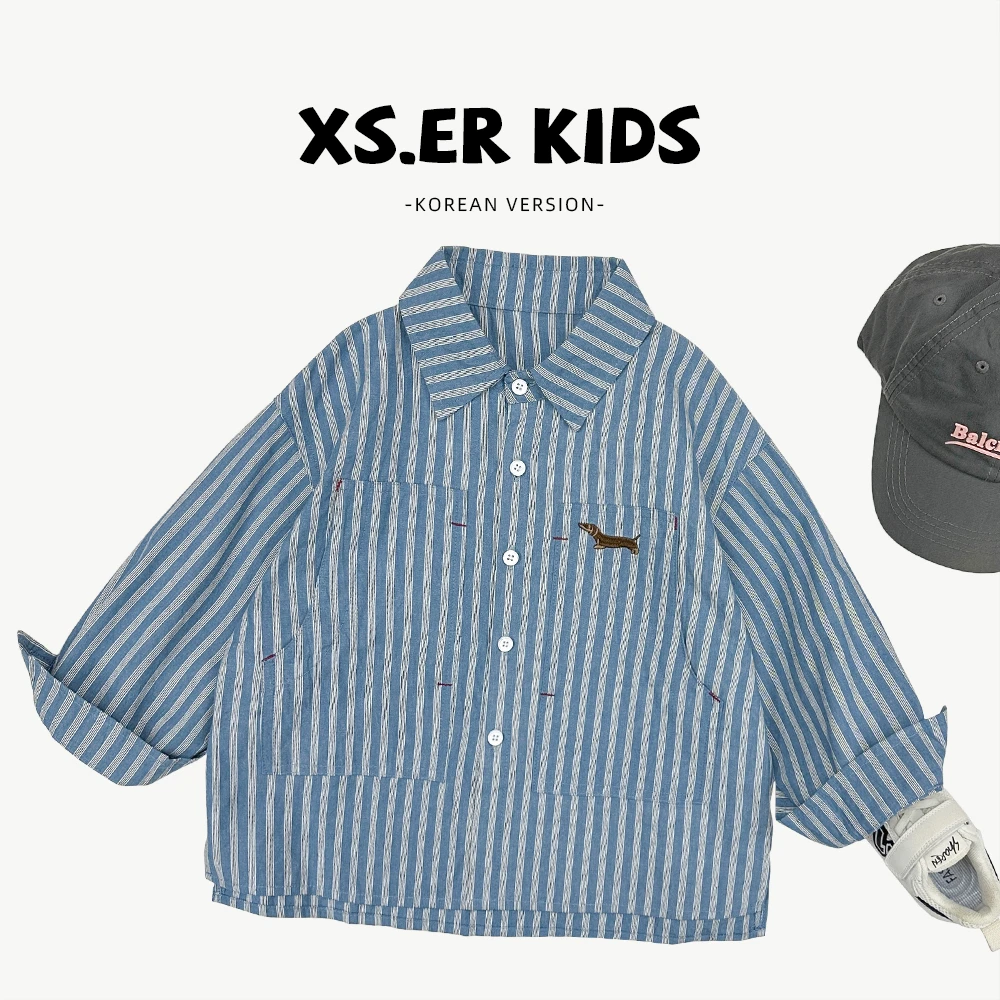 【派町】春秋季儿童简约潮流帅气条纹衬衫秋季宽松刺绣衬衣HBB5844