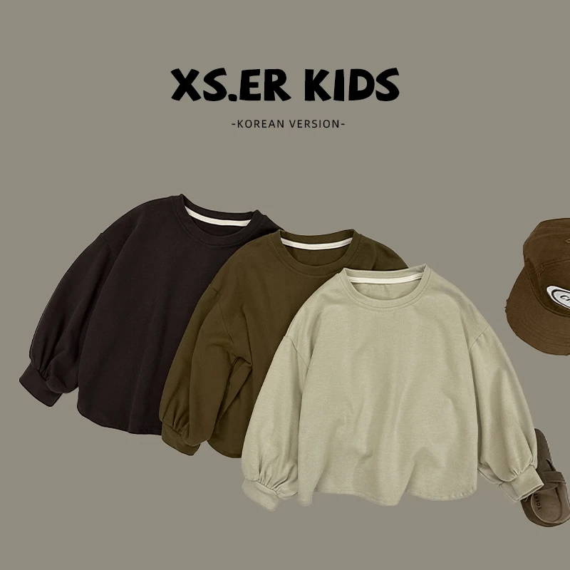 【派町现货】春秋款儿童复古上衣秋季简约时尚纯色T恤HBB2146