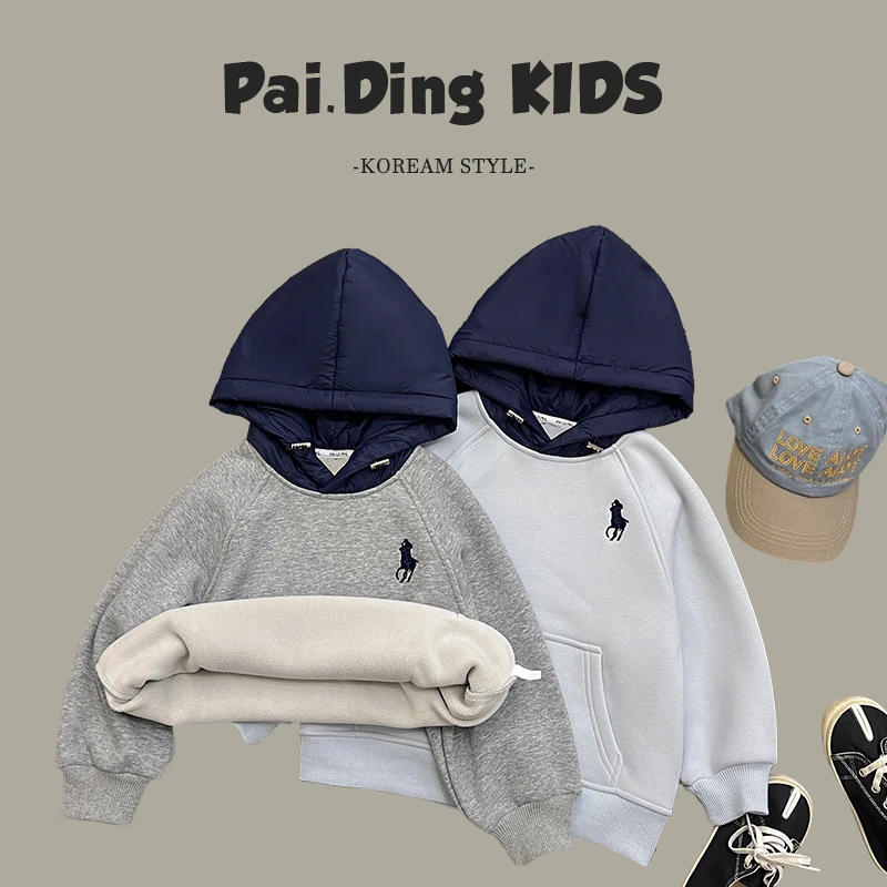 【派町现货】冬儿童韩版时尚撞色休闲宽松加绒日常连帽卫衣HCXZ3692