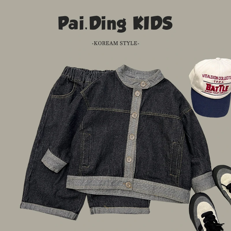 【派町现货】秋装童韩版时尚拼色休闲复古水洗牛仔两件套装SJ4044