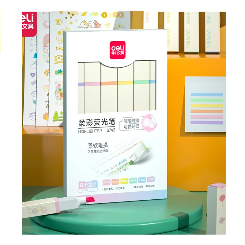 得力荧光笔记号笔荧光标记笔学生用做笔记马卡龙淡色系银光多色