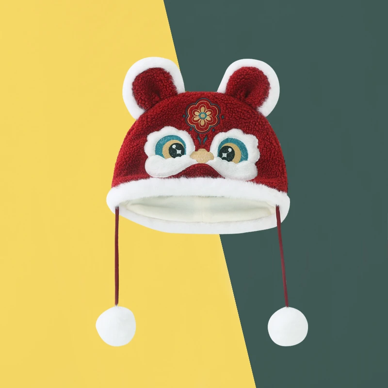 婴儿红色喜庆祥龙帽秋冬男女宝宝满月百天周岁传统中国风刺绣厚帽