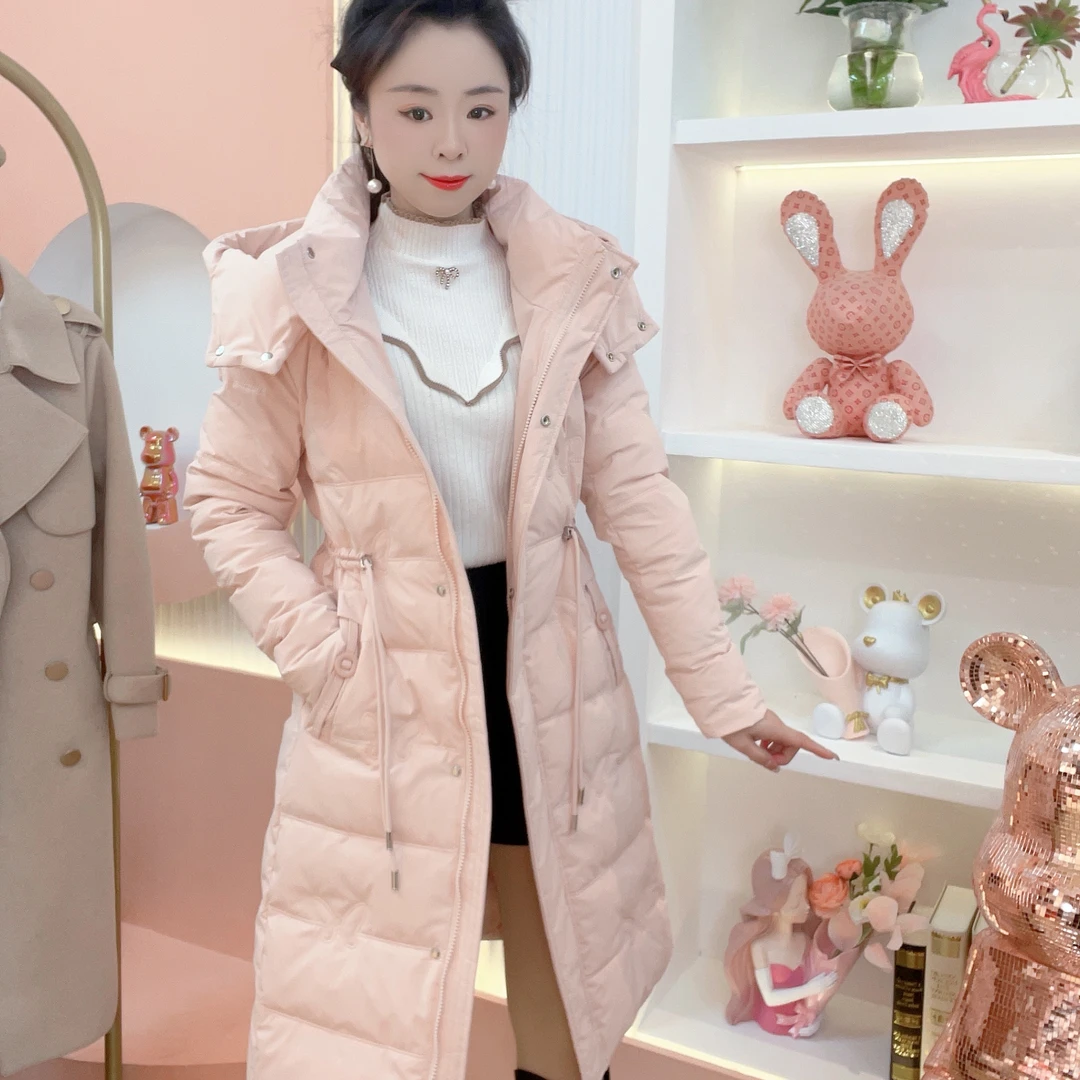 JUYA 腰部抽绳百搭精美蝴蝶绗棉时尚气质显瘦白鸭绒中长款羽绒服