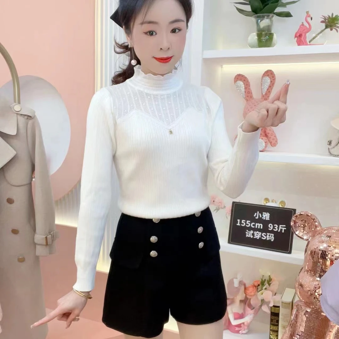 JUYA 时尚精美花边领网纱拼接针织显瘦百搭洋气单穿M字形打底毛衣