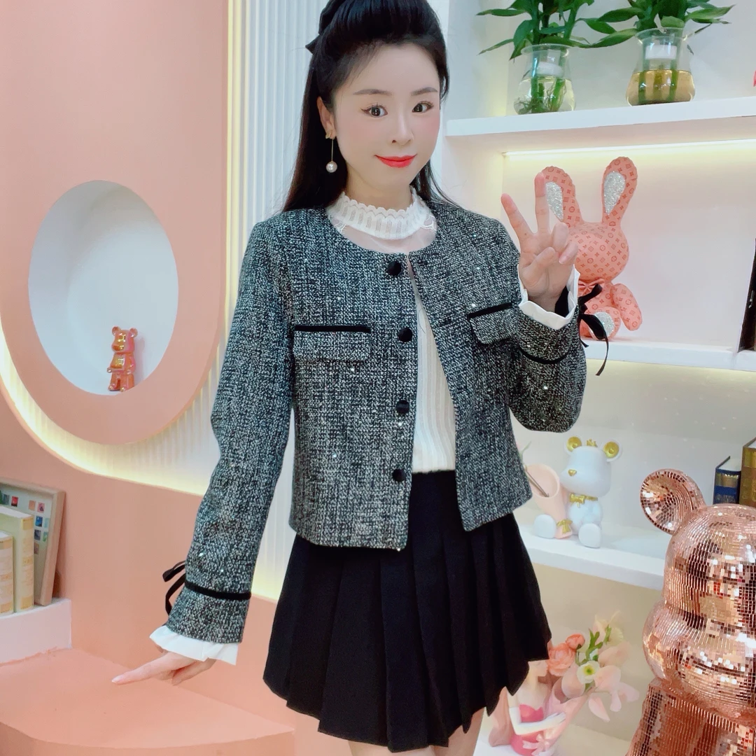 JUYA 新款高级感亮片小香风拼接蝴蝶结袖口设计精致灵动感外套女