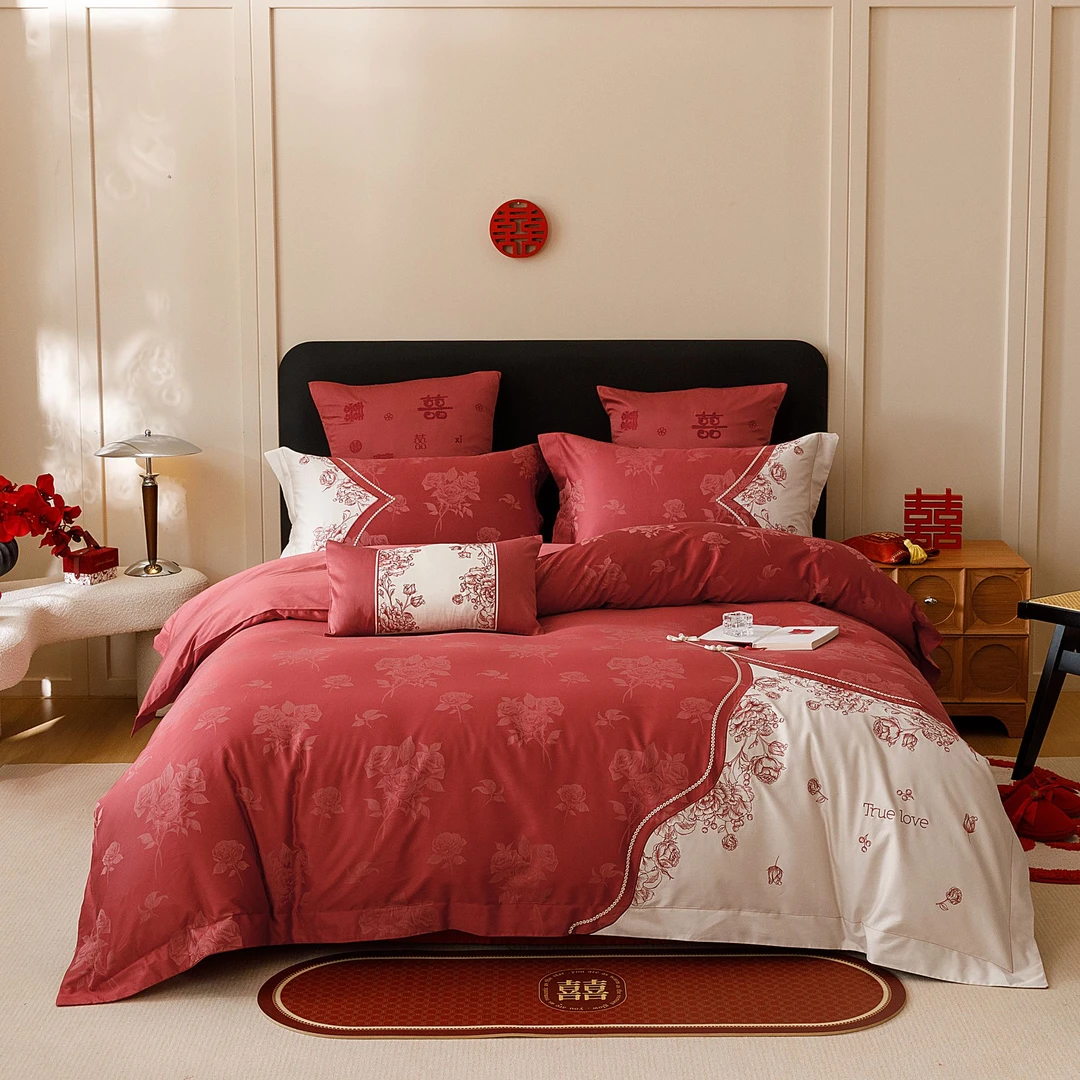 柔丝宇新中式婚庆四件套贡缎提花刺绣款婚房结婚喜庆大红色  真爱