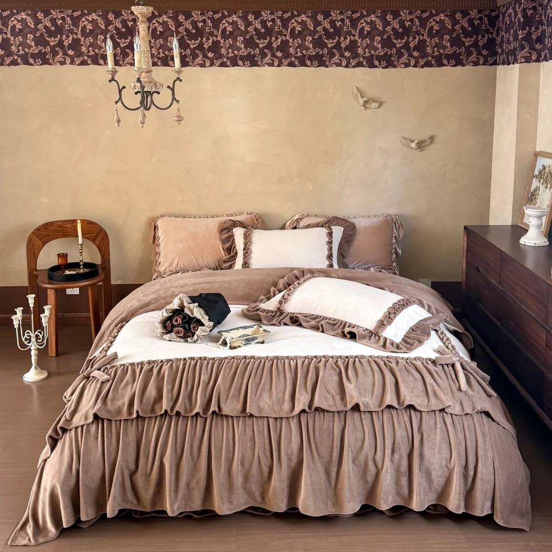 柔丝宇|复古洛丽塔 加厚牛奶绒床盖款四件套韩版花边复古床品套件