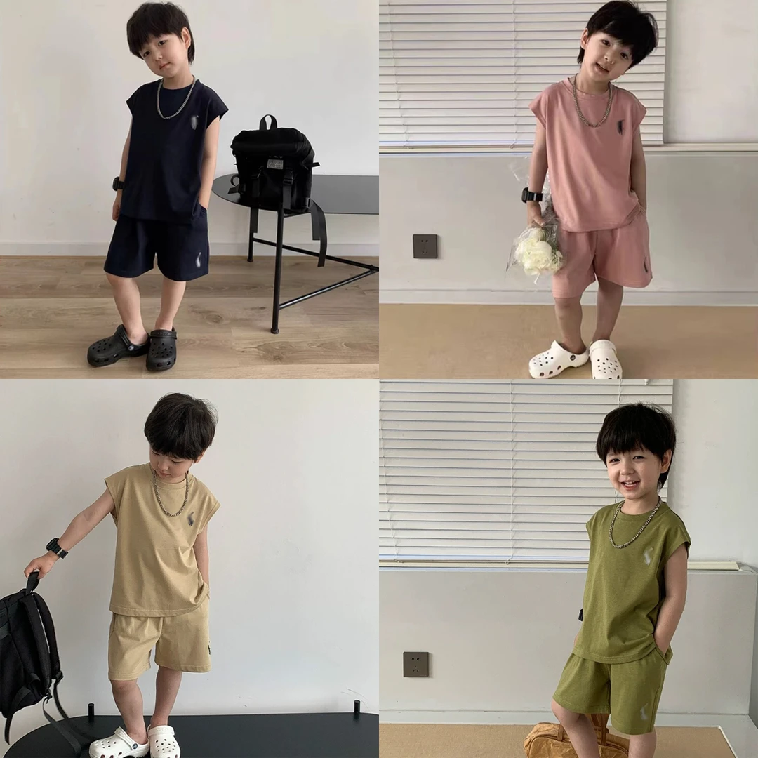 2025款100%棉夏季新款男童纯棉休闲韩版宽松无袖短裤夏款套装百搭