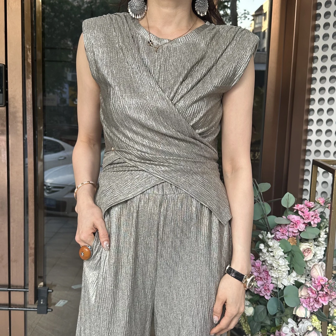 JJ FASHION金银色套装气质礼服时尚无袖优雅名媛轻奢修身女士