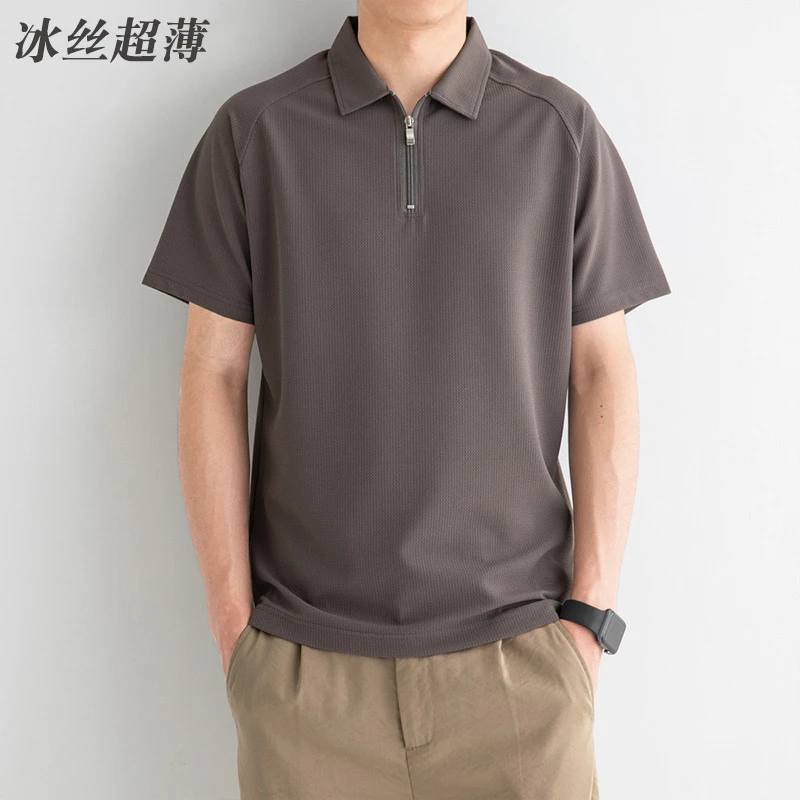 夏季POLO衫男短袖宽松休闲半袖男生上衣翻领纯色冰丝短袖T恤男款