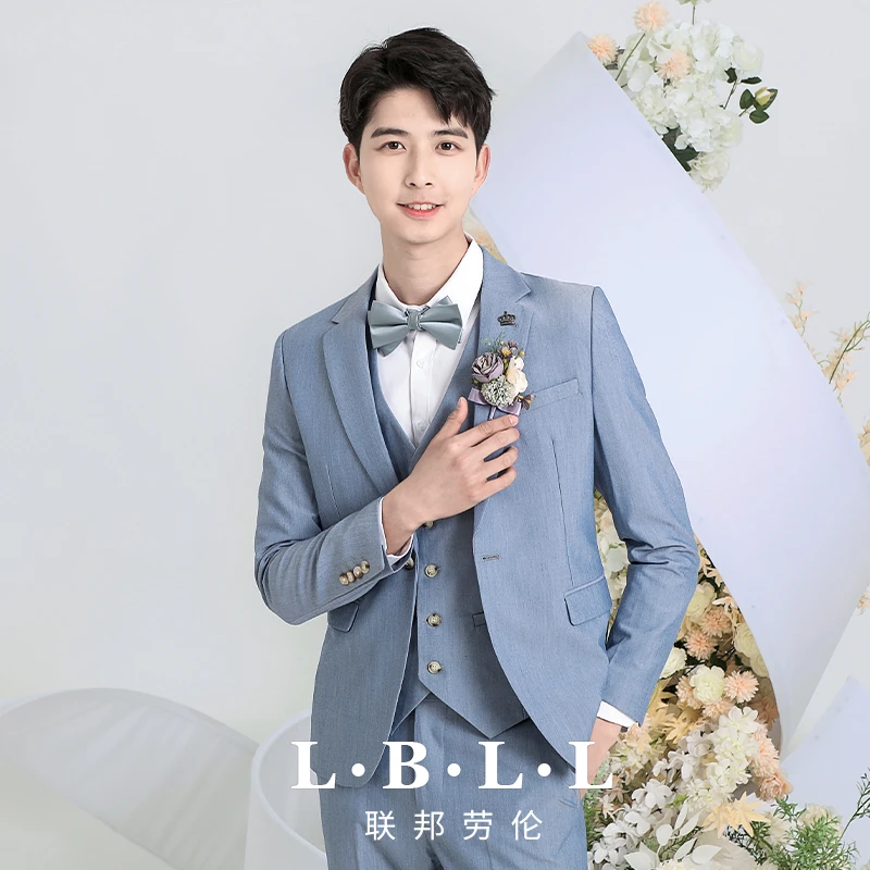 联邦劳伦韩版结婚婚礼西服男士婚礼休闲修身时尚英伦风蓝色A35