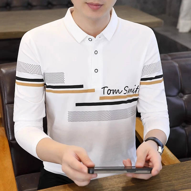 春秋季长袖t恤男士翻领秋衣青年条纹polo衫休闲潮流修身百搭上衣