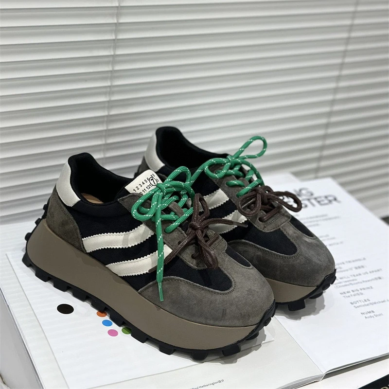 余小余 厚底华夫阿甘鞋女24新款美拉德真皮复古运动休闲德训鞋539