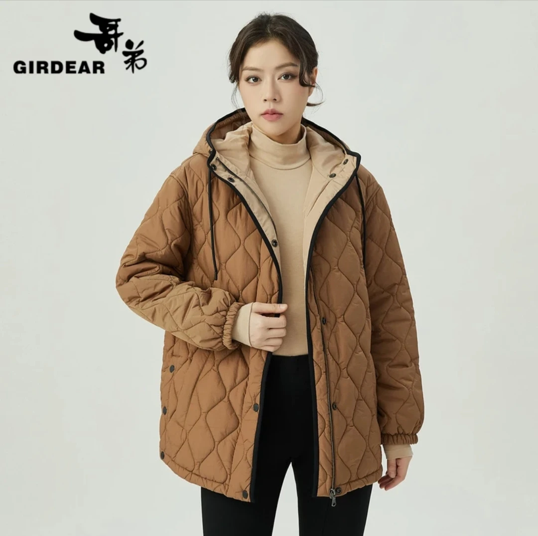 GIRDEAR/哥弟防风宽松休闲连帽新雪丽棉服外套女1400720暖冬好礼