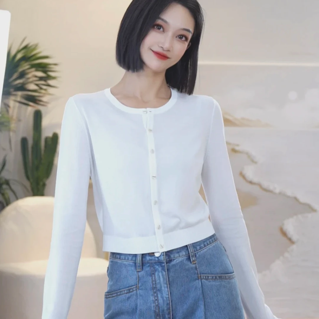 GIRDEAR/哥弟防晒长袖圆领短款单排扣针织冰丝开衫外套1499107