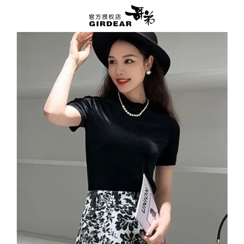 GIRDEAR/哥弟丝绒半袖T恤时尚休闲透气纯色圆领防晒显瘦1300606