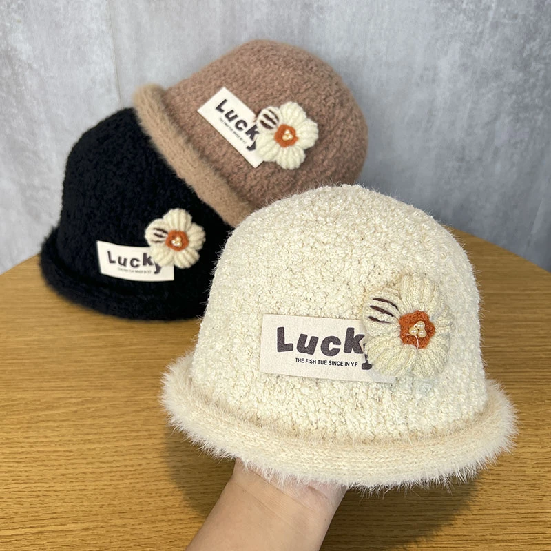 儿童帽子秋冬款韩版水桶帽女童户外保暖小花保暖帽女宝宝渔夫帽潮