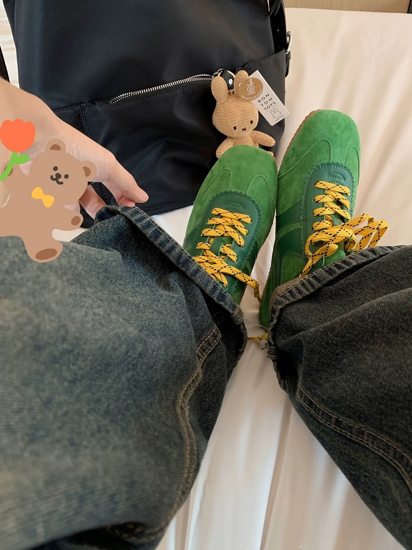 真皮时髦经典小方头复古撞色鞋带平底百搭德训鞋