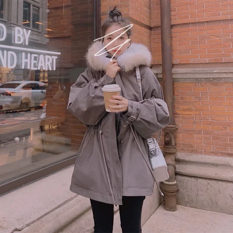 灰色加绒加厚连帽派克棉服