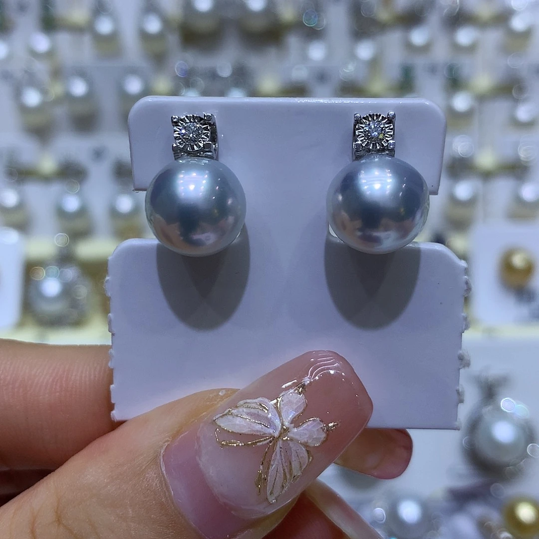 海水珍珠耳饰18K金镶嵌10/11mm澳白