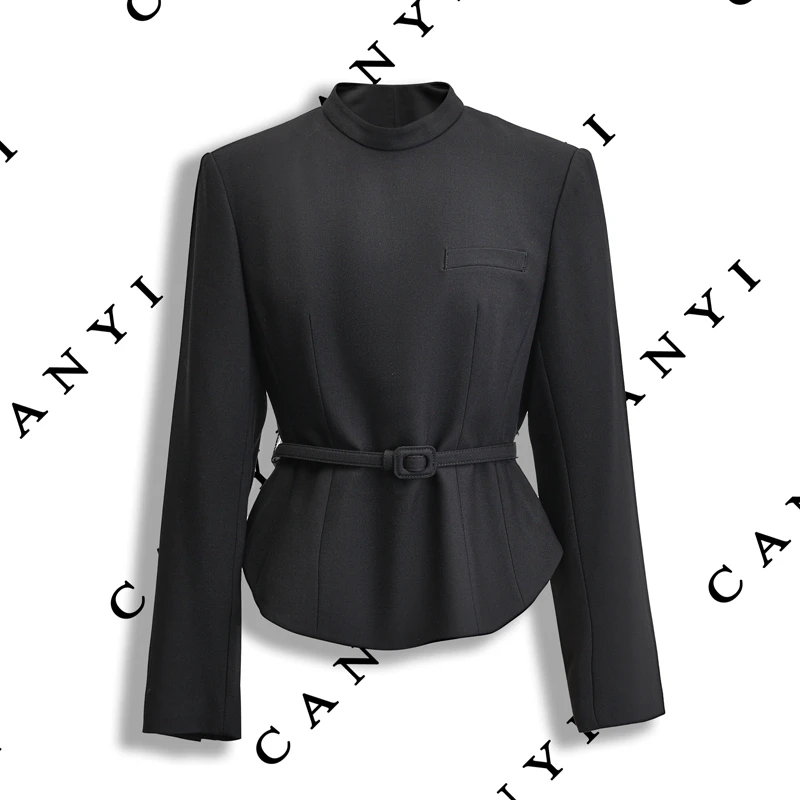 【璨衣】时尚极简风 优雅清冷感 圆领收腰长袖上衣外套6103X