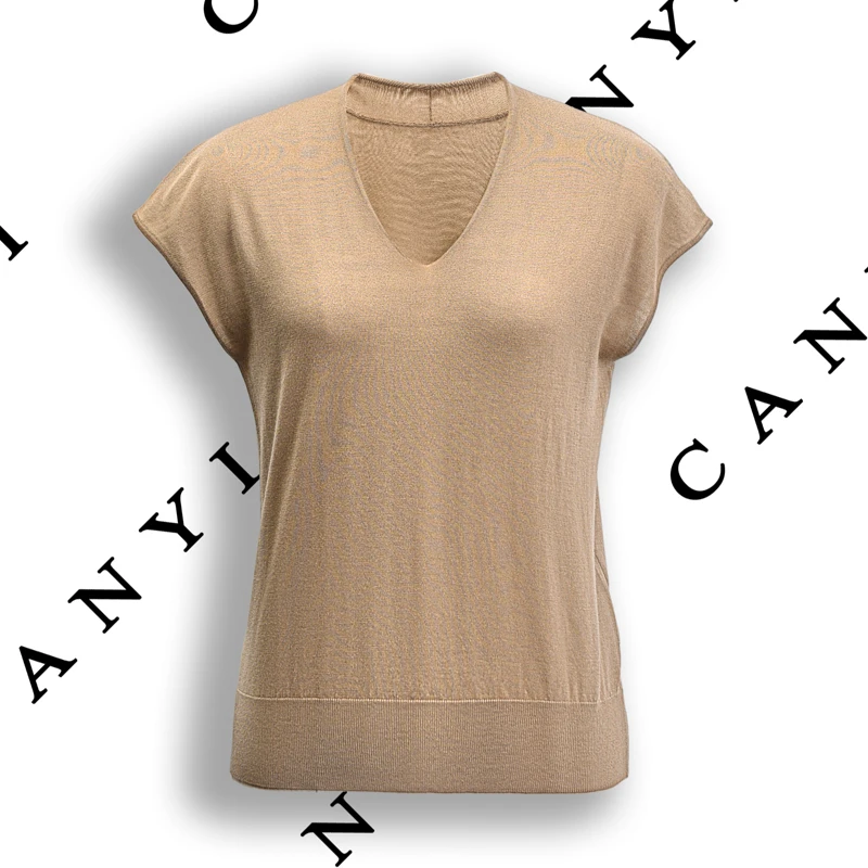 【璨衣】100%羊毛 时尚舒适简约小飞袖短袖上衣24520