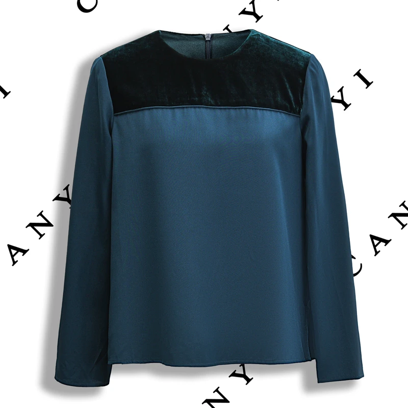 【样衣福利 无质量问题 不退货】桑蚕丝拼接丝绒圆领衬衣82028