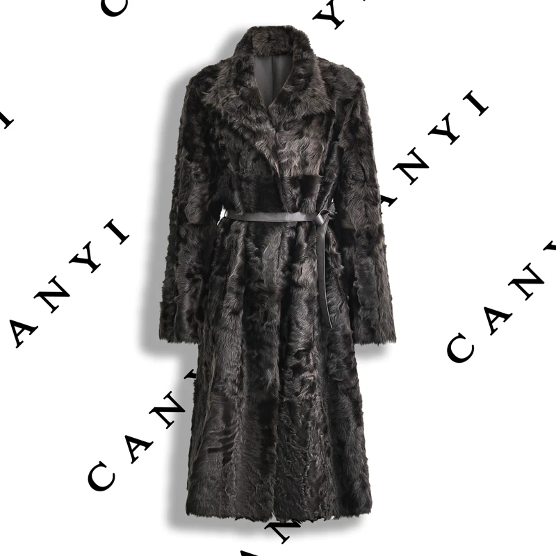 【璨衣】小湖羊皮毛一体 时尚优雅轻薄长款翻领小湖羊风衣外套23228