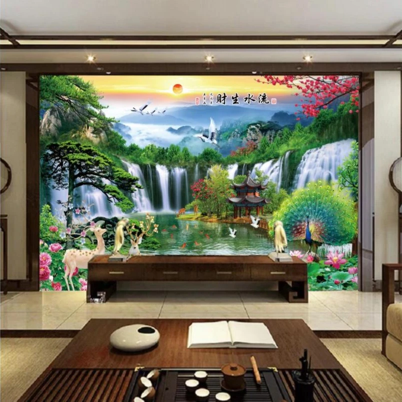 现代中式山水流水生财布料3D 9D 18D无缝立体背景墙壁画