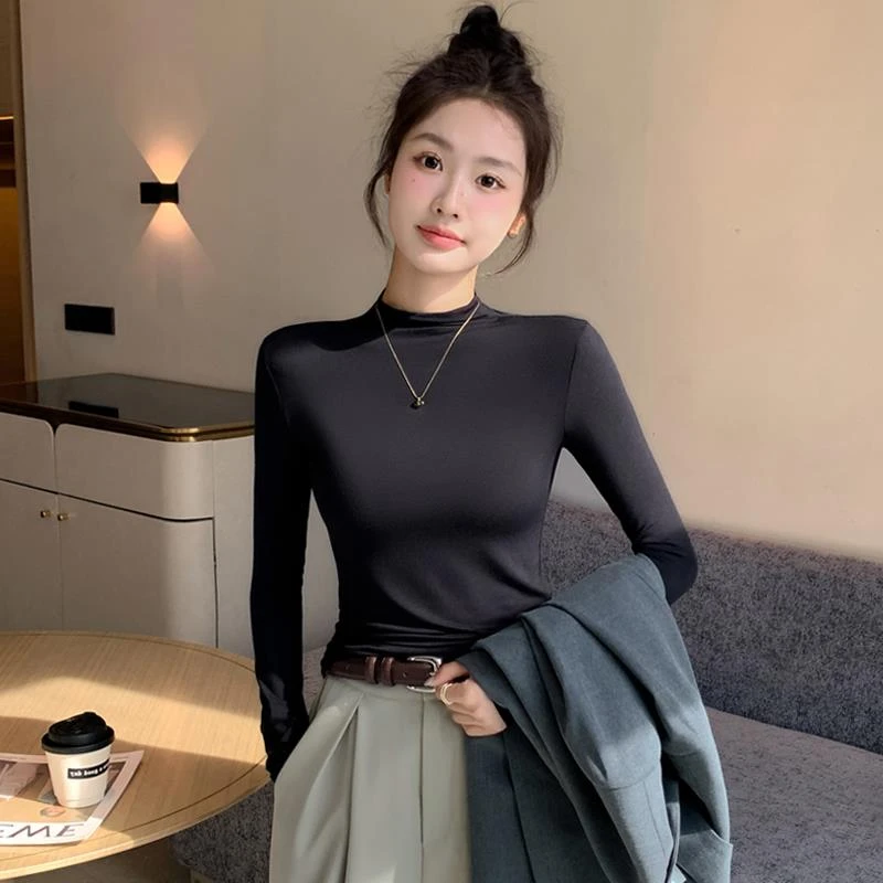 莫代尔半高领打底衫女秋冬内搭洋气黑色长袖t恤薄款紧身中领上衣