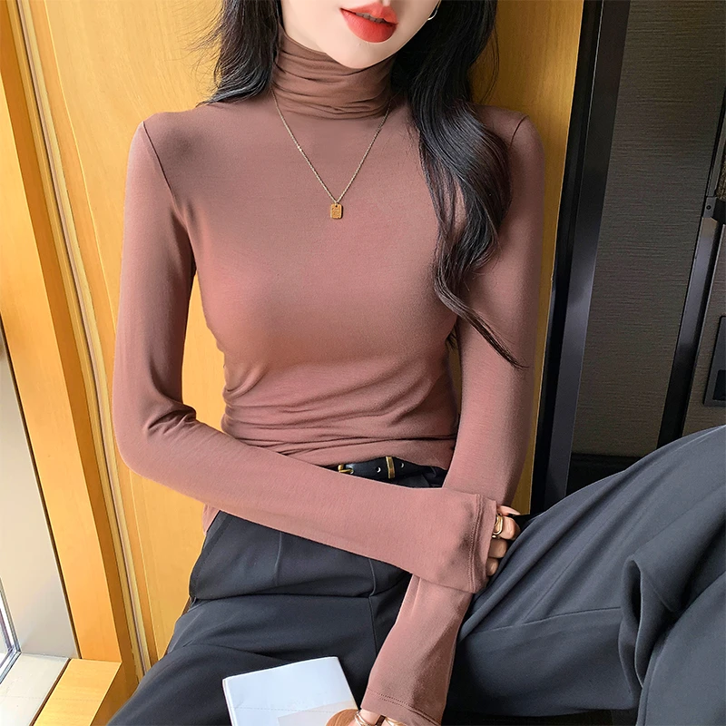 莫代尔高领打底衫女内搭春秋冬季2024新款洋气长袖恤叠穿修身上衣