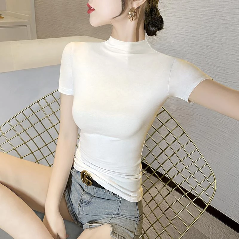 半高领短袖恤女紧身冰丝莫代尔T恤打底衫修身上衣早秋洋气半袖夏