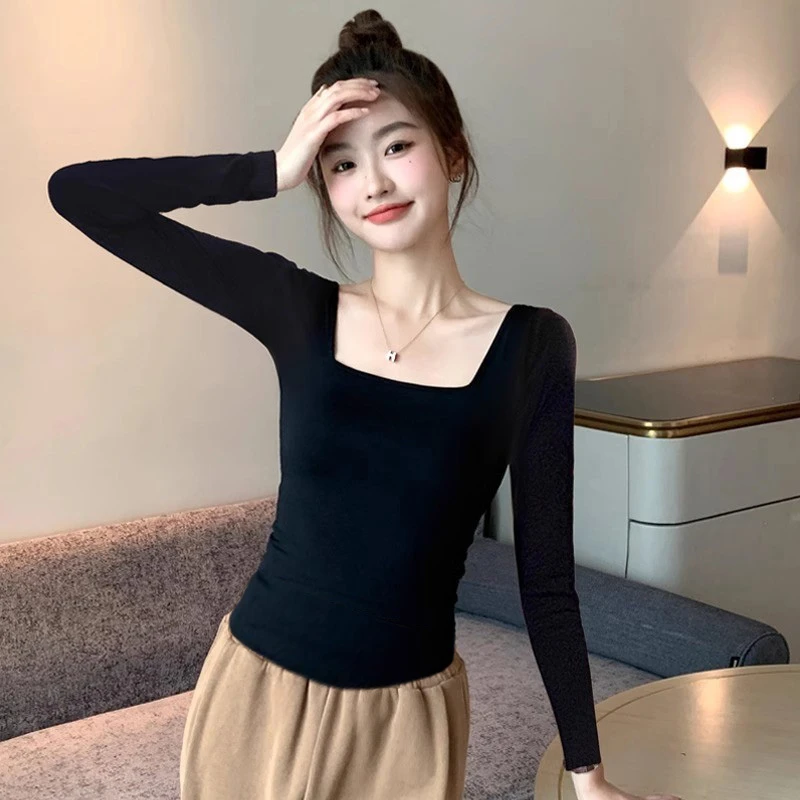 早秋chic上衣修身显瘦内搭打底衫螺纹棉正肩方领长袖恤女2024新款
