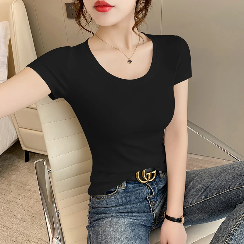 白色短袖T恤女春夏2023新款圆领简约修身百搭显瘦打底衫纯色上衣
