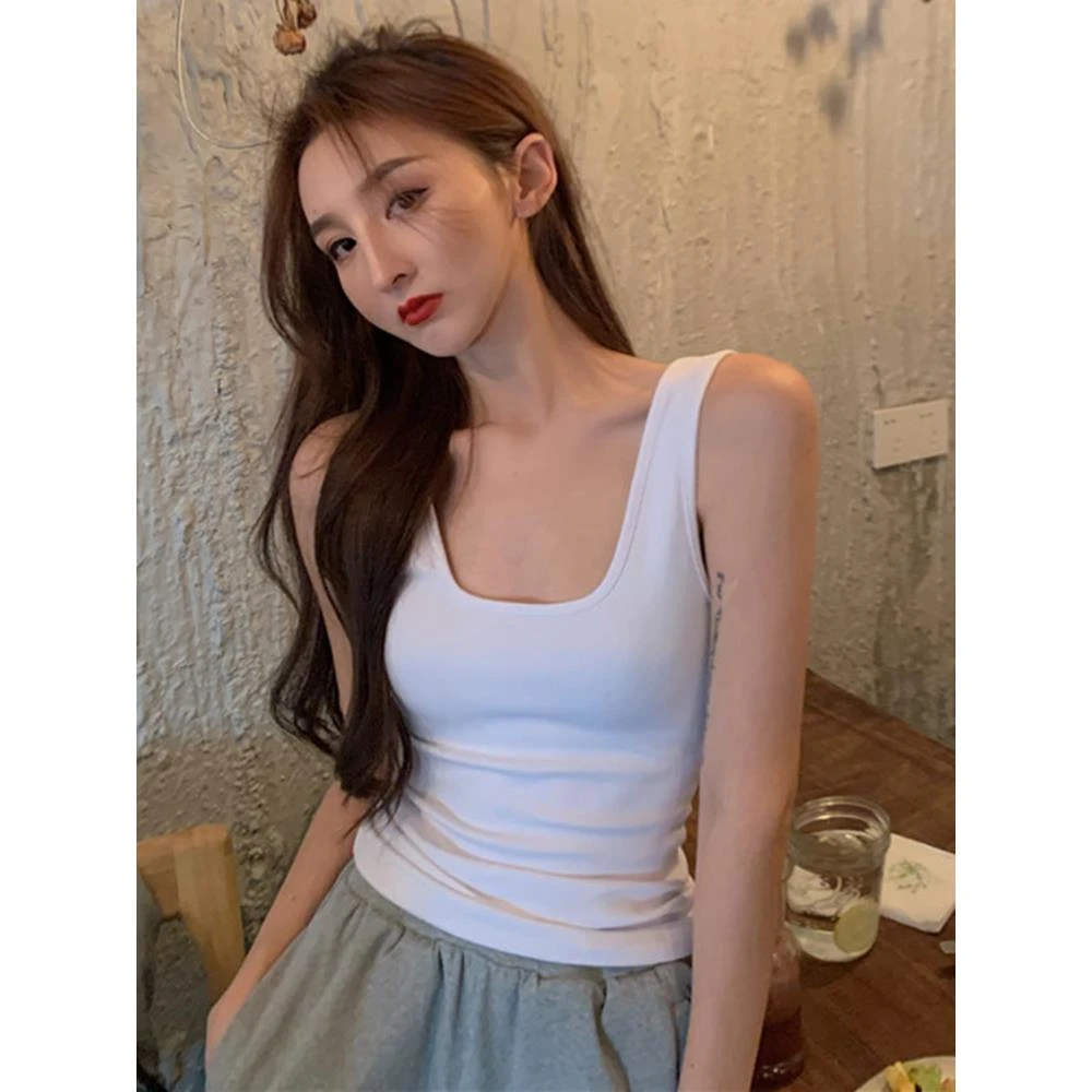白色方领背心打底女修身百搭内搭露背小吊带紧身韩版时尚无袖上衣