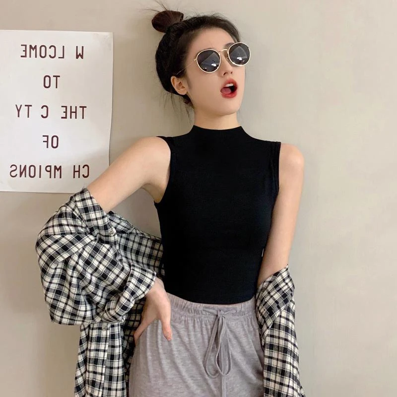 莫代尔黑色吊带背心女内搭夏冰丝外穿半高领无袖恤薄款修身上衣