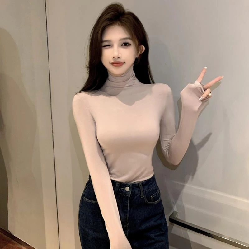 莫代尔皮粉色高领打底衫女秋冬内搭长袖恤2023新款修身堆堆领上衣