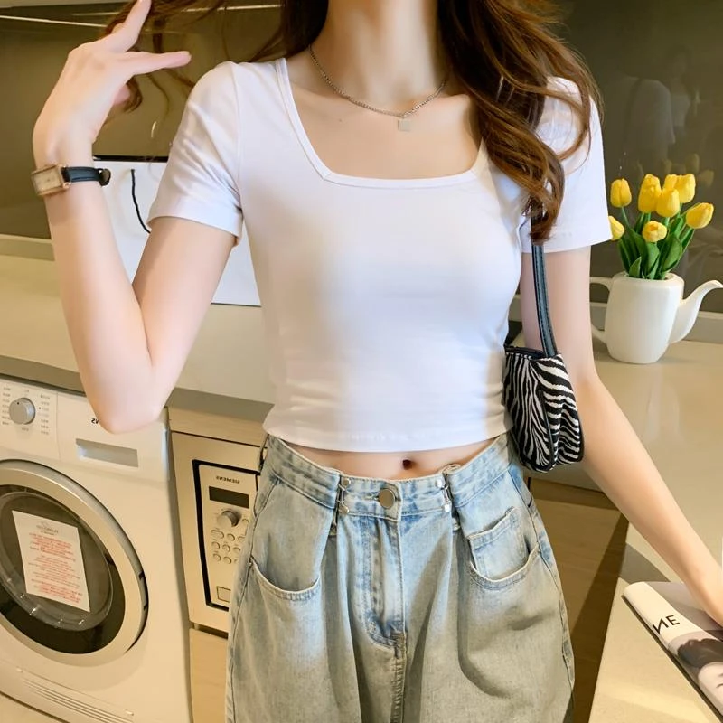 白色短袖恤女夏方领紧身短款上衣2023新款小个子高腰设计感春装
