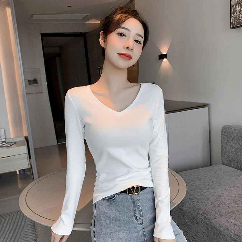 白色长袖V领打底衫女2025春秋季新款百搭内搭T恤洋气显瘦上衣潮流