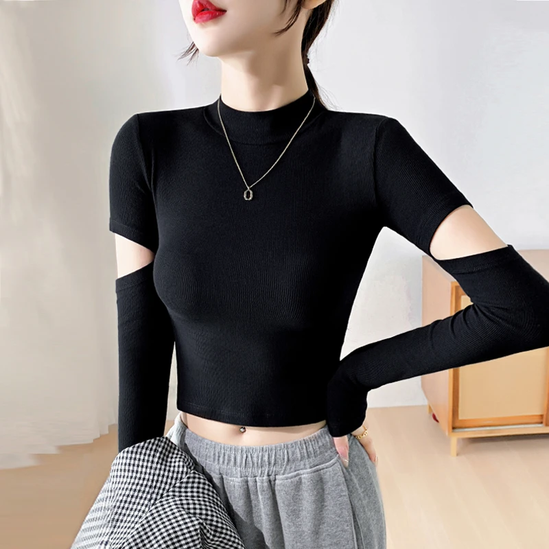 黑色螺纹半高领短款长袖上衣女秋薄款高腰内搭t恤破洞紧身打底衫T