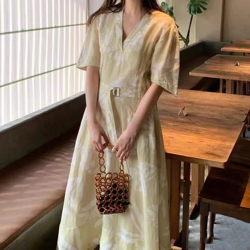 『豆宝』“岁月沉淀”清仓微瑕无内衬亚麻莱赛尔连衣裙 E823