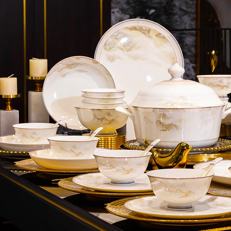 82件江山如画景德镇高档餐具套装碗碟套装家用乔迁送礼碗碟盘组合