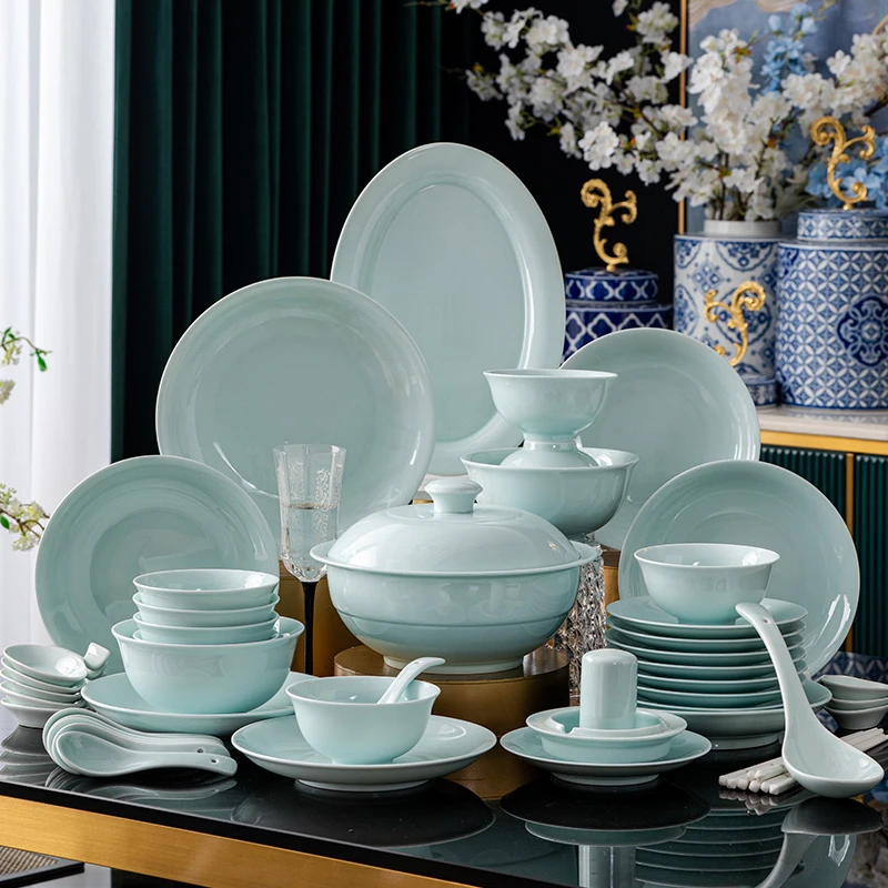56件影青瓷流影高温简约结婚乔迁送礼碗碟盘景德镇高白泥餐具套装