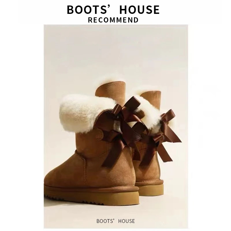 【双蝴蝶结】羊皮毛一体雪地靴加绒加厚保暖棉鞋靴子双丝6225Q