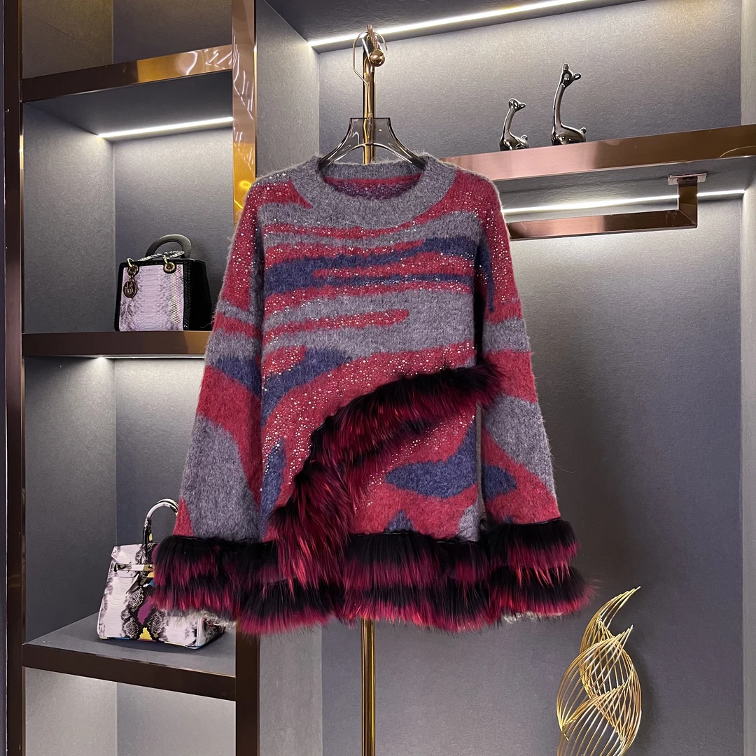 【米娜专属】复古撞色亮闪闪慵懒风毛衣女氛围感针织上衣2410040