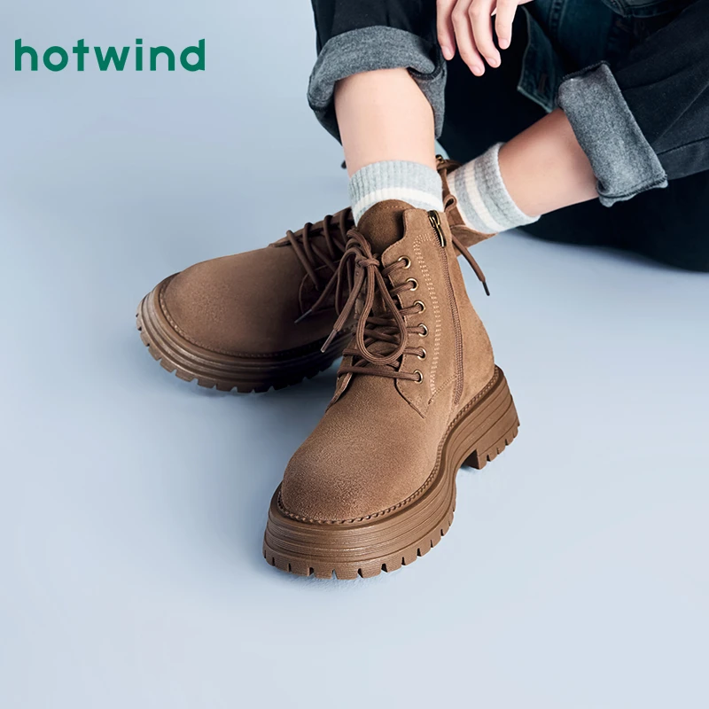 热风新款秋冬季新款棕色复古靴子厚底牛皮马丁靴女短靴H95W4404