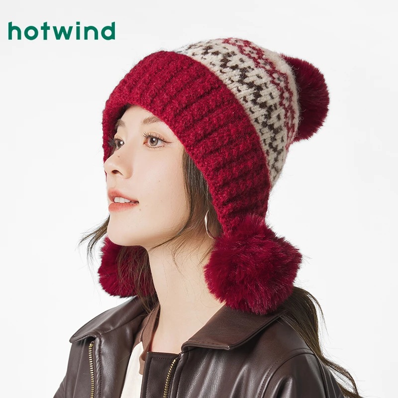 热风2025年春季新款女士针织球球毛线帽P006W25103